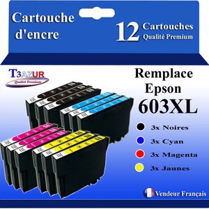 T3AZUR - 12 Cartouches Compatibles avec Epson 603 603XL Noire pour Epson Workforce WF-2810 WF-2830 WF-2835 Expression Home XP2100 XP2150 XP2105 XP3100 XP4155