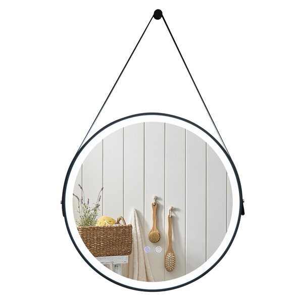 Miroir de salle de bain à led rond de 60 cm éclairage tricolore anti-buée mémoire miroir mural suspendu sangle en cuir 20_0006299