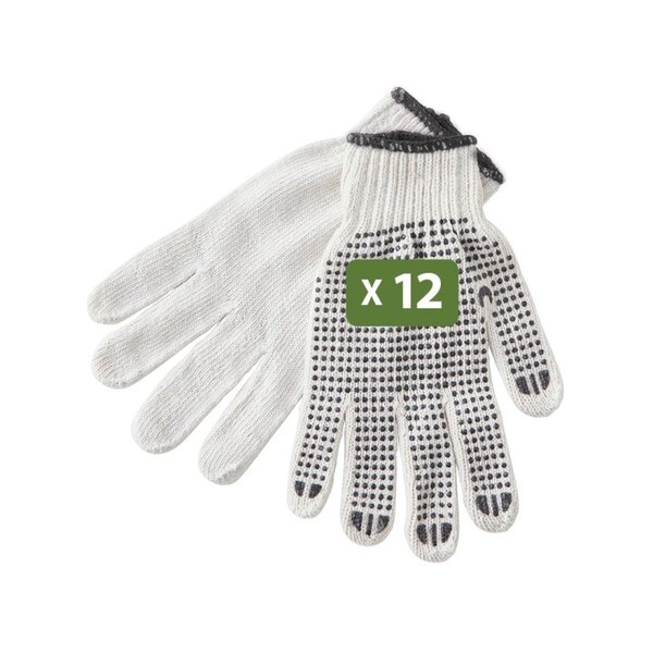 Pack and Move - Lot de 12 Paires de gants de travail déménagement - Coton et PVC antidérapant - Blanc et Noir