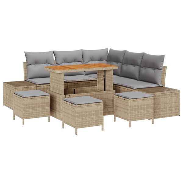 Ensemble de 9 canapés de jardin avec coussins beige en rotin poly