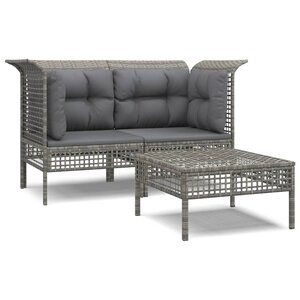 vidaXL Salon de jardin 3 Pièces avec coussins Gris Résine tressée