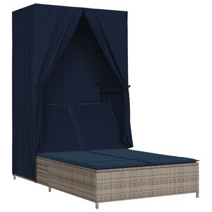 vidaXL Chaise longue double avec toit et rideaux gris résine tressée