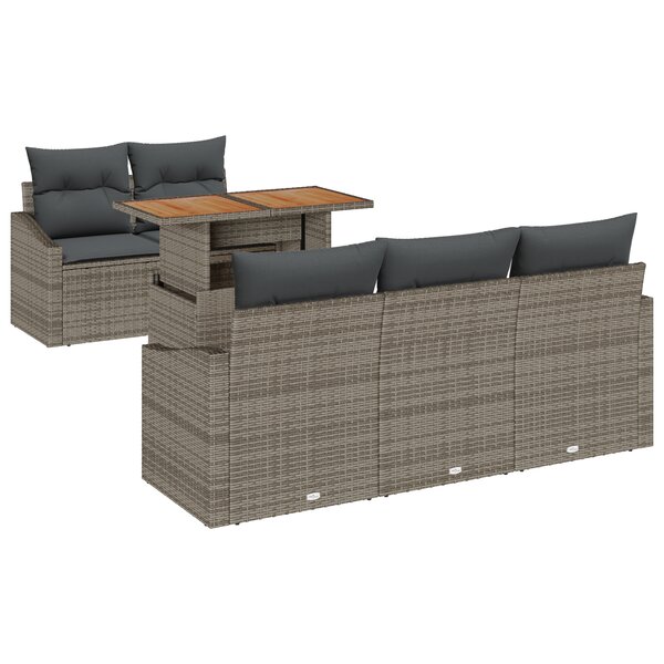 vidaXL Ensemble de repas de jardin de 6 pièces avec coussins gris en rattan poly acacia