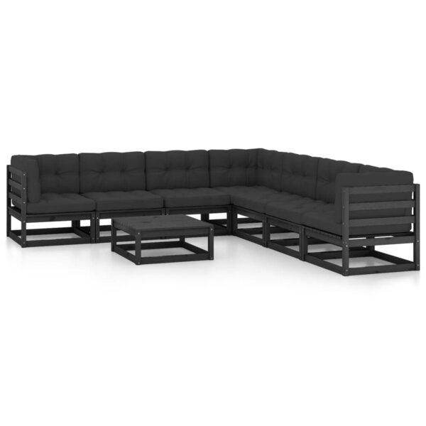 Salon de jardin meuble d'extérieur ensemble de mobilier 8 pièces avec coussins noir bois de pin massif 02_0017645
