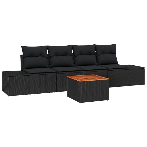 vidaXL Set de canapé de jardin 5 pièces avec coussins poly rotin noir acacia