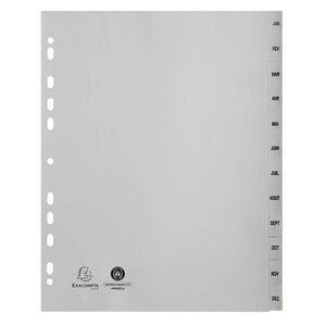 Intercalaires Imprimés Mensuels Pp Recyclé Gris Janvier-décembre 12 Positions - A4 Maxi - Gris - X 10 - Exacompta