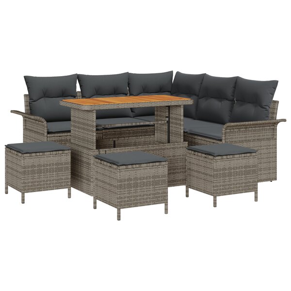 Ensemble de Canapé de Jardin de 9 Pièces avec Coussins Gris Poly Rattan Acacia