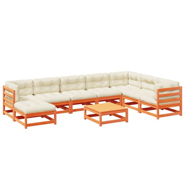 vidaXL Salon de jardin 9 Pièces avec coussins marron cire bois pin massif