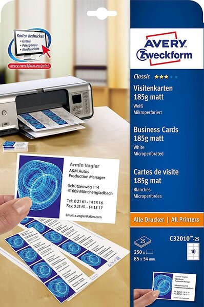 Etui de 250 cartes visite recto microperforées 190g jet d'encre blanc mat 85 ... Avery zweckform