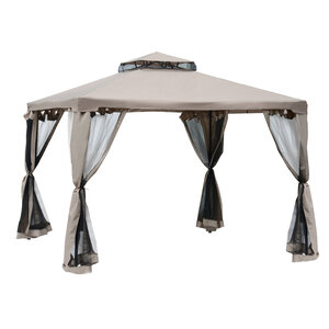Pavillon de jardin tonnelle barnum style colonial double toit toiles moustiquaires amovibles zippées taupe
