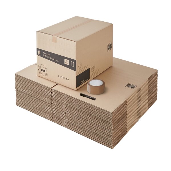 Pack and Move - Lot 50 cartons déménagement hauteur modubale : variable - 50 x 40 x 20-30 cm - Poignées renforcées - 2 adhésifs offerts