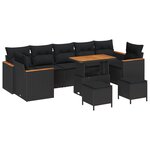 Ensemble de Canapé de Jardin 10 Pièces avec Coussins Noir Poly Rattan Acacia