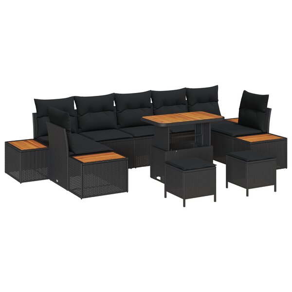 Ensemble de canapé de jardin 10 pièces vidaXL avec coussins en poly rotin noir acacia