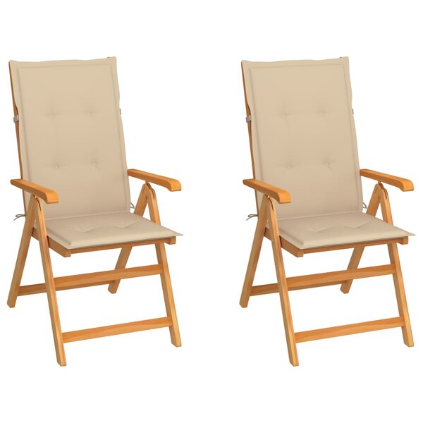vidaXL Chaises de jardin lot de 2 et coussins beige Bois teck massif