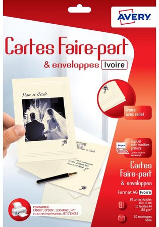 20 faire-part ivoire + enveloppes