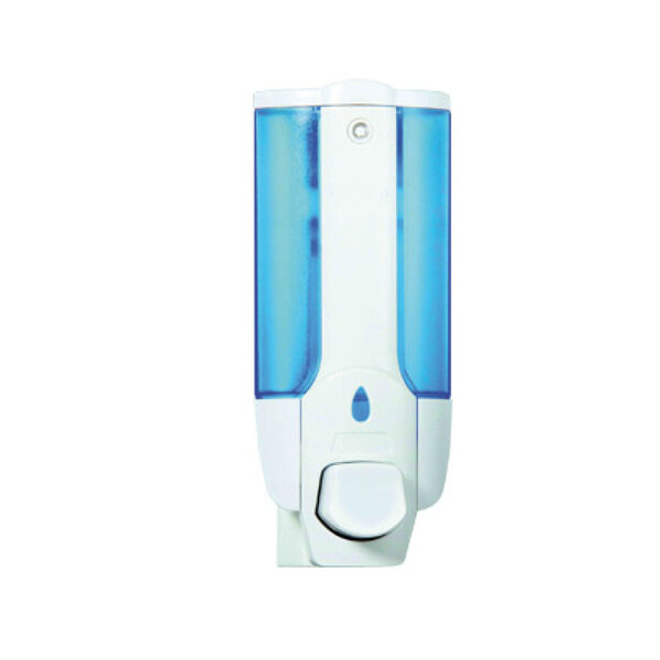 Distributeur savon q-connect manuel acier inoxydable serrure viseur bleu transparent coloris blanc 350ml 80x90x190mm