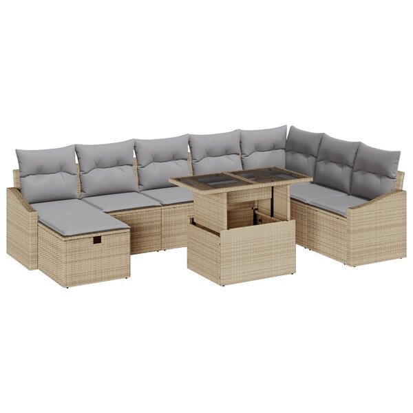 vidaXL Ensemble de Canapés de Jardin 9 Pièces avec Coussins Beige Rattan