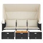 vidaXL Canapé de jardin 3 places avec auvent et tabourets noir rotin