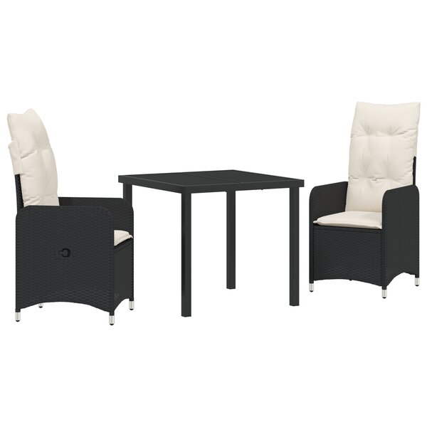 vidaXL Set de Salle à Manger de Jardin 3 Pièces avec Coussins Noirs en Poly Rattan
