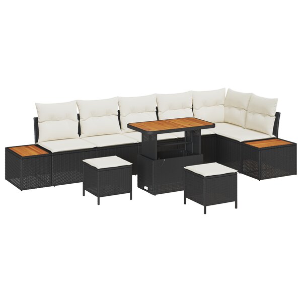 Ensemble de canapés de jardin 9 pièces avec coussins noir poly rotin acajou
