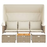 vidaXL Canapé de jardin 3 places avec auvent et tabourets beige rotin