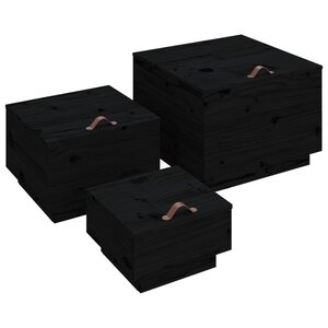 vidaXL Boîtes de rangement et couvercles 3 Pièces Noir Bois massif de pin