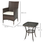 Outsunny Ensemble salon de jardin 2 places : 2 fauteuils et table basse plateau verre trempé résine tressée imitation rotin chocolat foncé coussins blanc