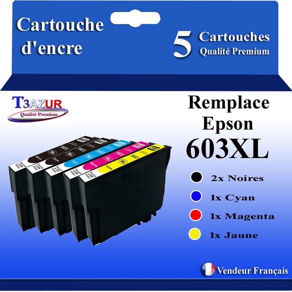 T3AZUR - 5 Cartouches Compatibles avec Epson 603 603XL Noire pour Epson WorkForce WF-2820DWF  WF-2830DWF  WF-2840DWF  WF-2850DWF  WF-2870DWF  WF2835-DWF