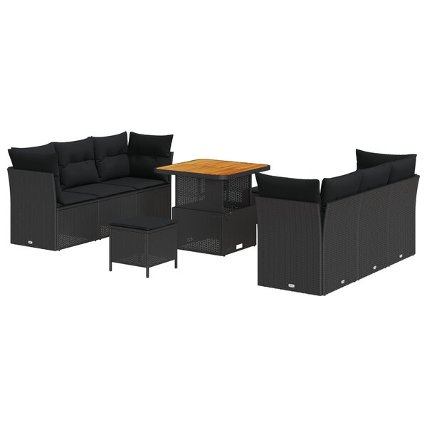 Ensemble de canapé de jardin 9 pièces avec coussins noir poly rattan acacia