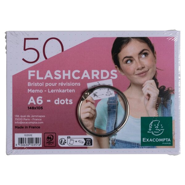 Paquet De 50 Flashcards Sous Film + Anneau - Bristol Dots Perforé - Format A6 - Blanc - X 19 - Exacompta