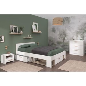 Chambre complète adulte : Lit 140 x 190/200 cm + 2 chevets + Commode - blanc et chêne
