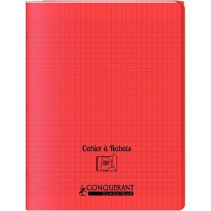 Cahier 48 pages seyès 90 g avec couverture polypropylène rouge 3 rabats  format 24 x 32 cm CONQUERANT