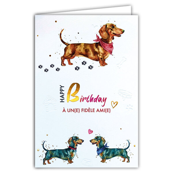 69-3125 Carte Anniversaire Animaux Chiens Saucisses Teckels Amoureux Mignons Bandanas Peinture Aquarelle - Finitions Dorure Or Doré + Gaufrage en Relief +1 Enveloppe Format 12x17cm -Fabriqué en Europe