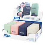 Milan Compact Series 1918 Présentoir de 16 Aiguiseurs Compacts avec Gomme - Aiguiseur Double - Lame de Sécurité - Coloris Beige  Bleu  Rose et Vert
