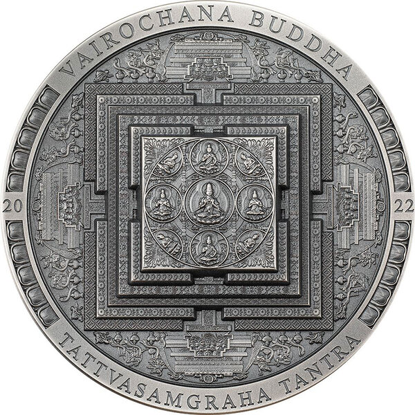 Monnaie VAIROCHANA BUDDHA MANDALA Archeology Symbolism Antiqued 3 Oz Argent 2000 Togrog Mongolia 2022