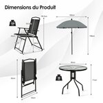 Ensemble salon de jardin 6 Pièces 4 chaises pliantes table basse en verre et parasol pour terrasse piscine cour noir 20_0002734