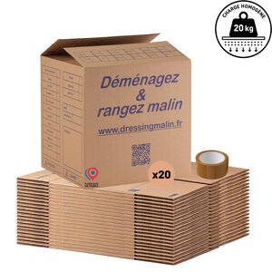 Lot de 20 Cartons Livres 34x26x32 cm + 1 Rouleau Adhésif 68m – Cartons Déménagement Robustes   Fabriqués en France   Carton de Livraison  Stockage  Emballage Multi-Usage