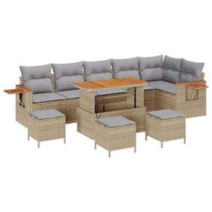 Ensemble de canapés de jardin 10 pièces avec coussins beige en poly rotin