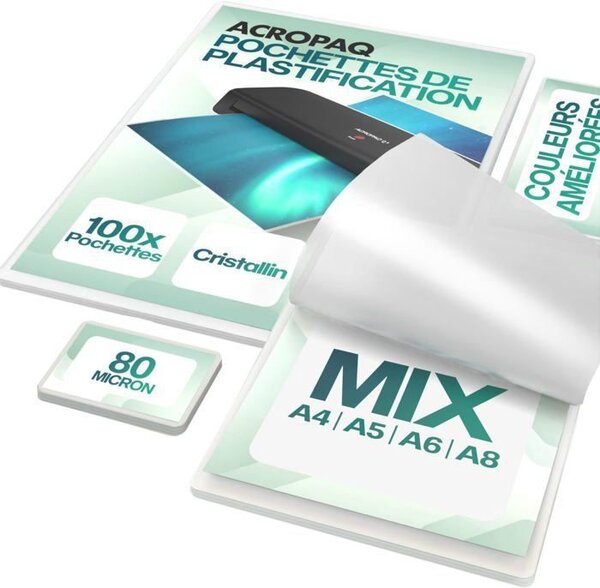 ACROPAQ 100 Pochettes de Plastification (20 x A4  A5  A6  40 x A8) 80 mic- 100 feuilles de Plastification Différentes tailles- bord arrondi
