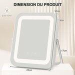 Miroir maquillage carré 25x30cm lumière led réglable écran tactile rotation à 360° fonction mémoire support en métal 20_0005048