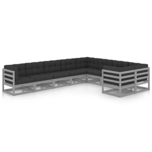 Salon de jardin meuble d'extérieur ensemble de mobilier 9 pièces avec coussins gris bois de pin massif 02_0017986