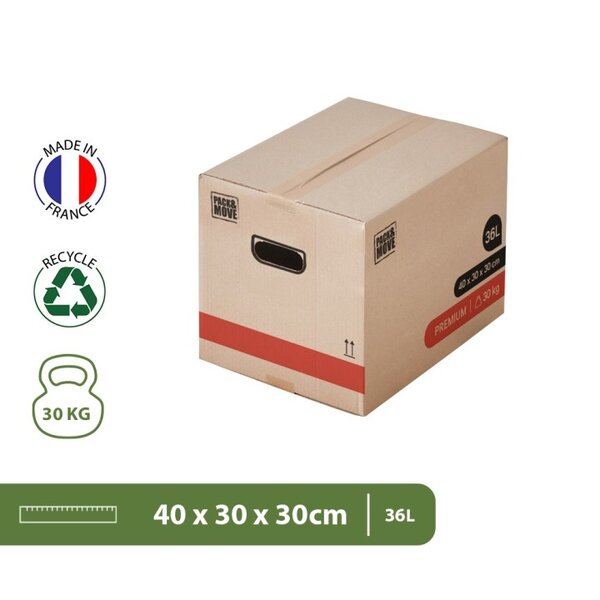 Pack and Move- Lot 20 Cartons Déménagement Livres Premium - 40 X 30 X 30 Cm - Extrême Résistance 30 KG - Double Épaisseur - 1 Adhésif Offert