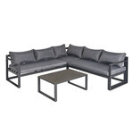 Ensemble salon de jardin d'angle design contemporain style yachting 5 places coussins table basse inclus banquette 3 places réglable alu. gris