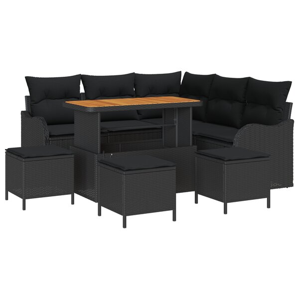 Set de Sofa de Jardin 9 Pièces avec Coussins Noir Rotin Poly Acacia