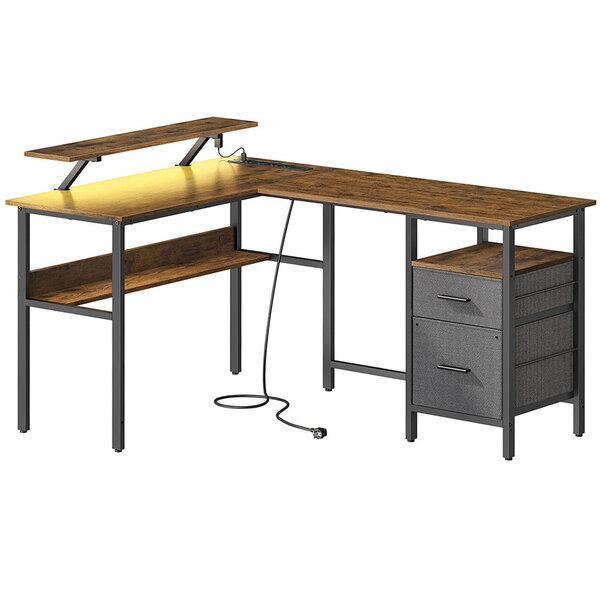 Bureau en l avec multiprise bureau d’angle bureau informatique avec rehausseur d’écran bureau gaming led 2 tiroirs 2 ports USB facile à monter pour bureau marron 12_0004626