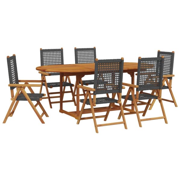 vidaXL Ensemble à manger de jardin 7 Pièces noir rotin et bois massif