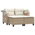vidaXL Canapé de jardin 2 places avec auvent et tabourets beige rotin