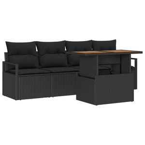 Canapé de jardin 5 pièces avec coussins en poly rotin noir et acacia