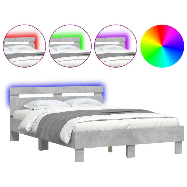 vidaXL Cadre de lit avec LED sans matelas gris béton 135x190 cm