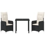 vidaXL Set de Salle à Manger de Jardin 3 Pièces avec Coussins Noirs en Poly Rattan